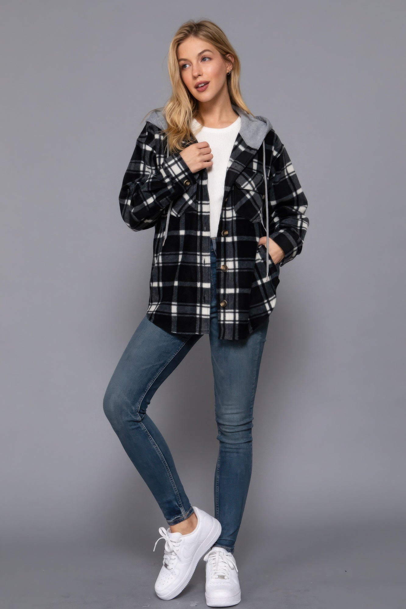 - Plaid Print Hoodie Fleece Jacket - womens jacket at TFC&H Co.