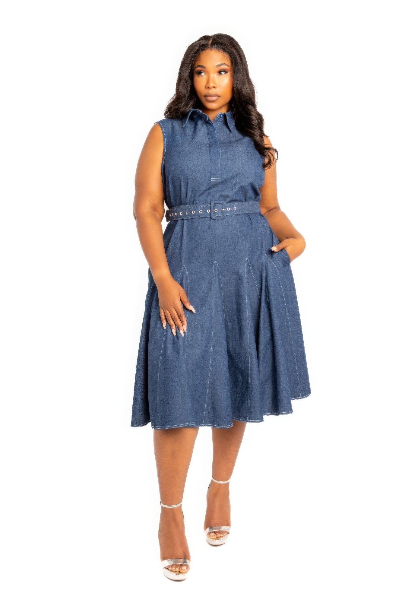 - Contrast stitch washed denim shirt dress with belt - womens denim dress at TFC&H Co.