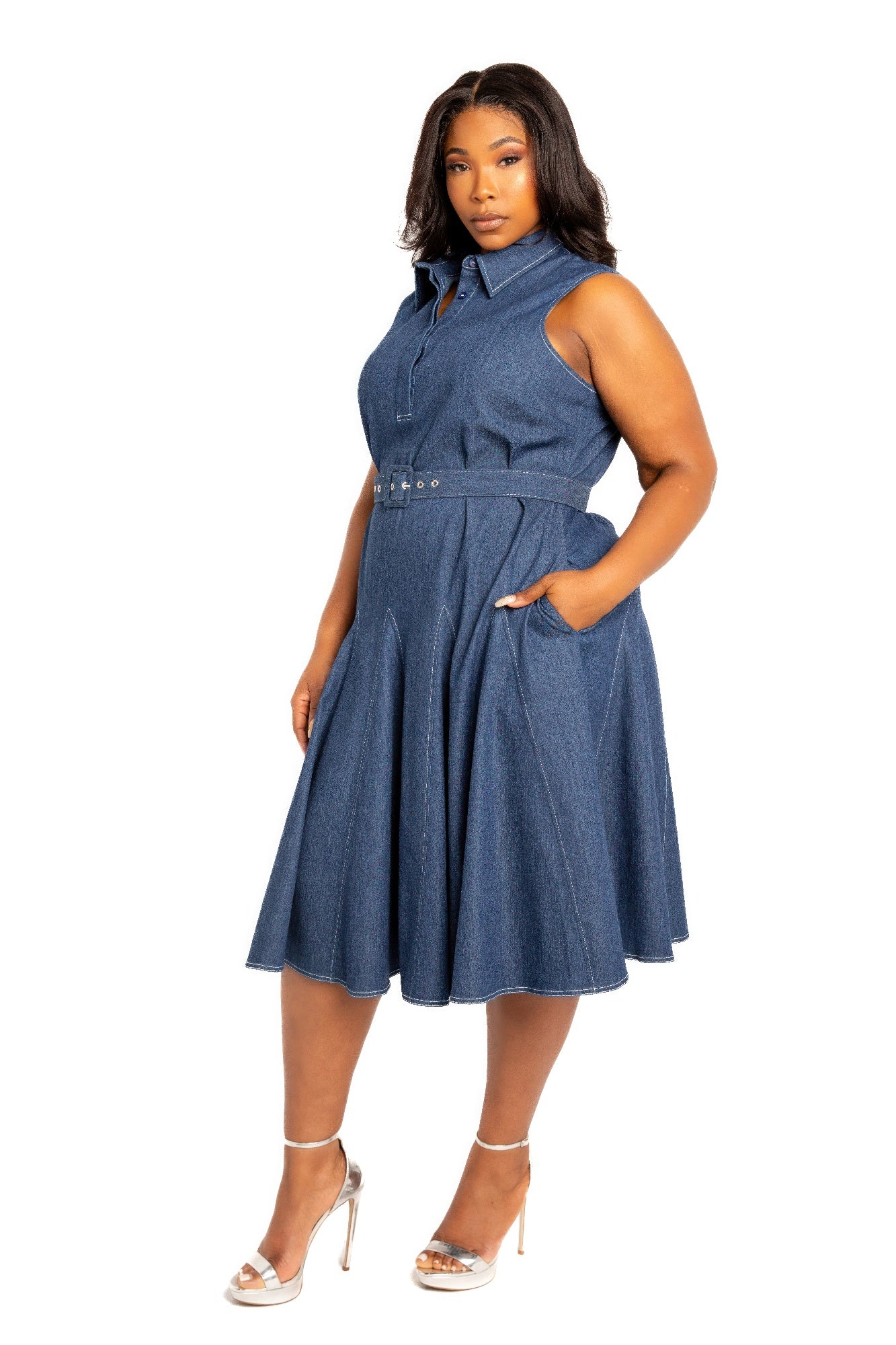 - Contrast stitch washed denim shirt dress with belt - womens denim dress at TFC&H Co.