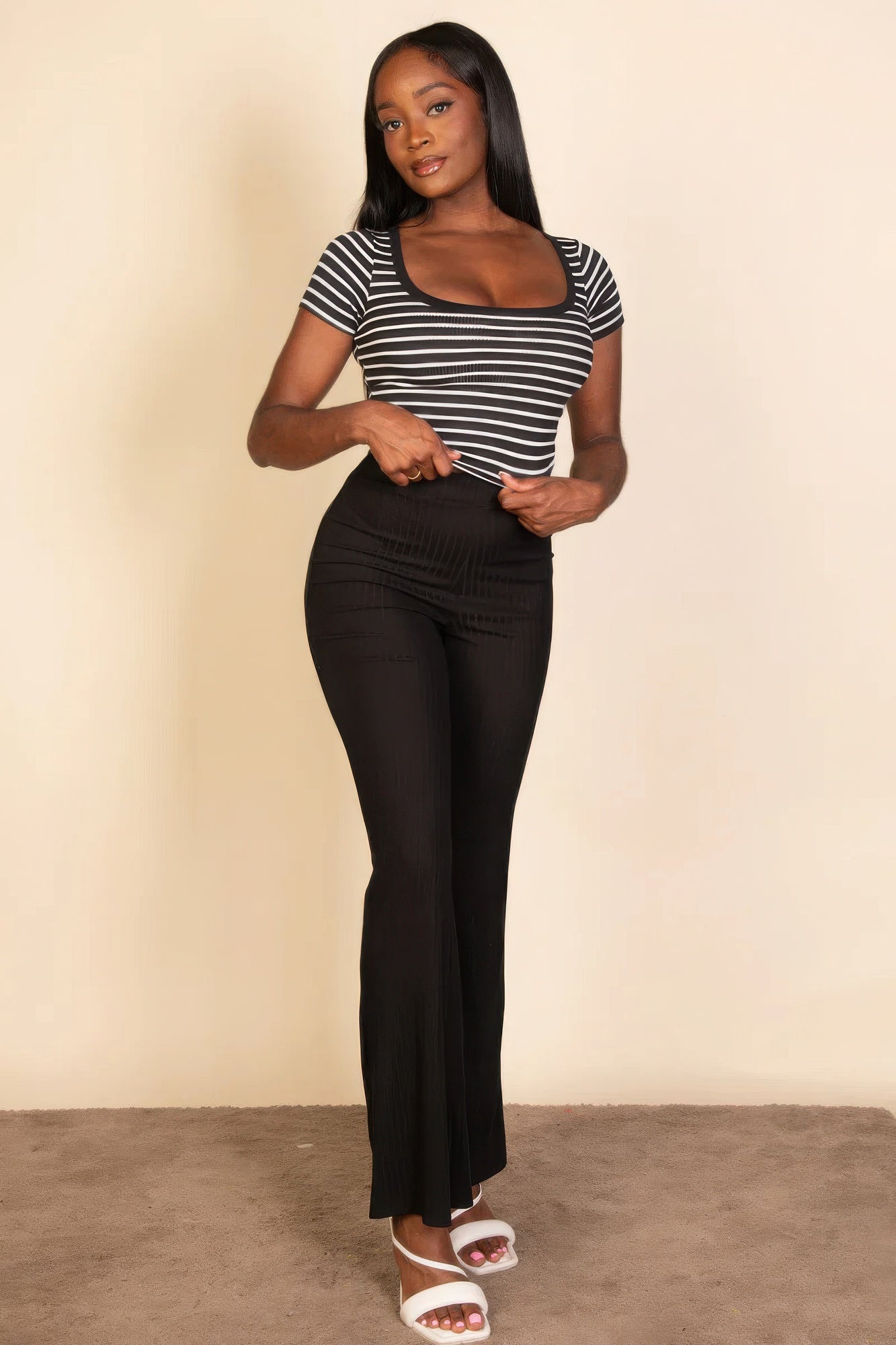 Ribbed tight knitted striped square neck short sleeve t