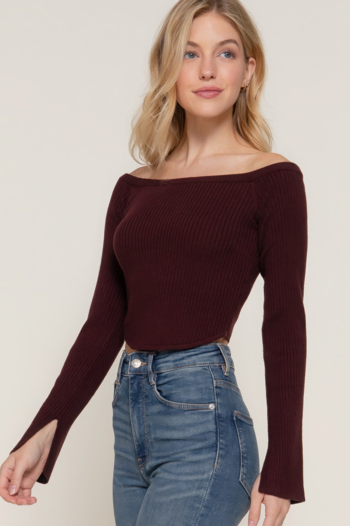 Maroon - Long flare slv off shoulder sweater - womens shirt at TFC&H Co.