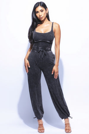 - Washed Denim Jumpsuit With Adjustable Ankle - womens denim jumpsuit at TFC&H Co.