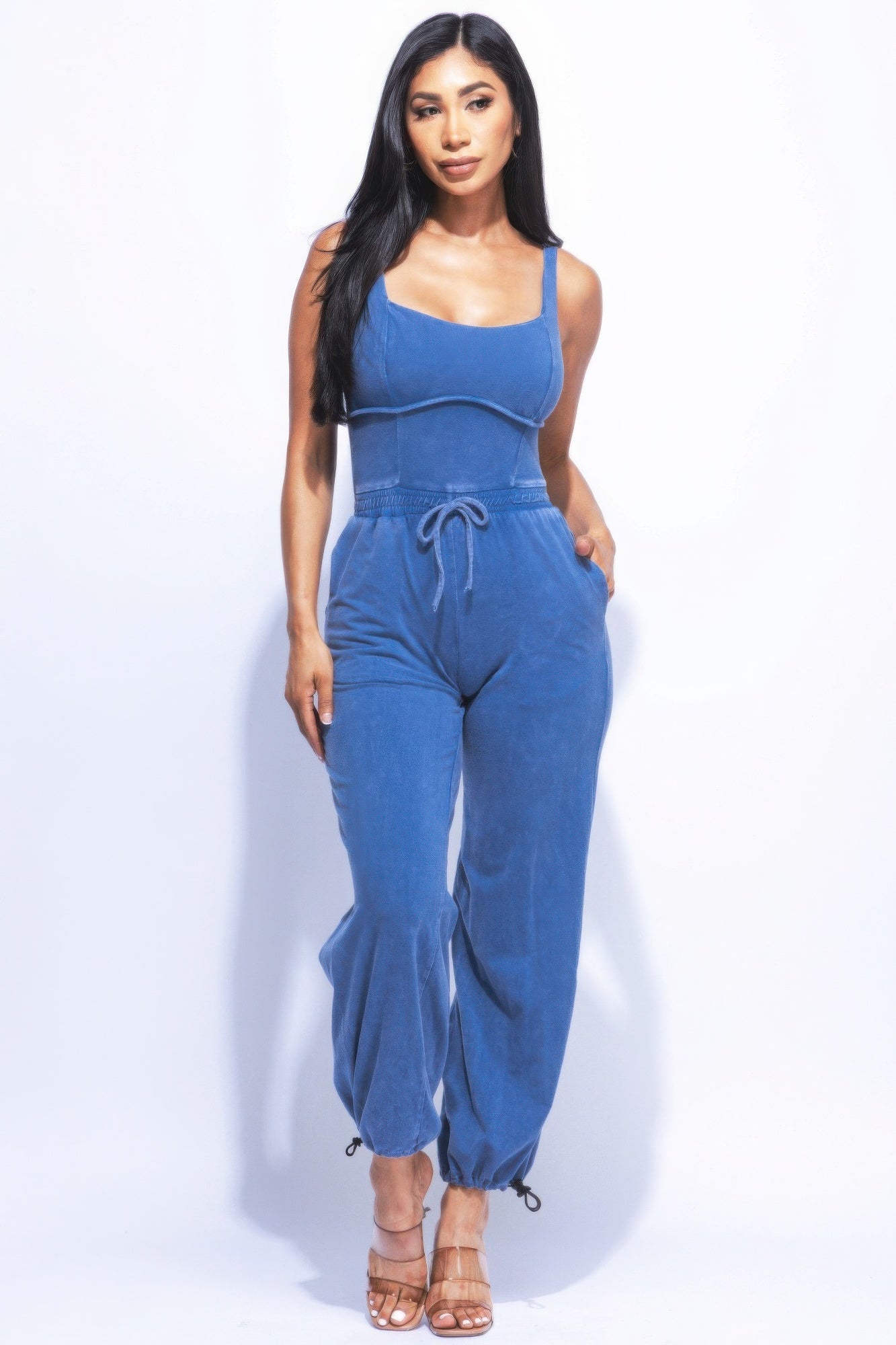 Denim - Washed Denim Jumpsuit With Adjustable Ankle - womens denim jumpsuit at TFC&H Co.