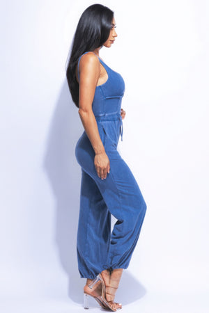 - Washed Denim Jumpsuit With Adjustable Ankle - womens denim jumpsuit at TFC&H Co.