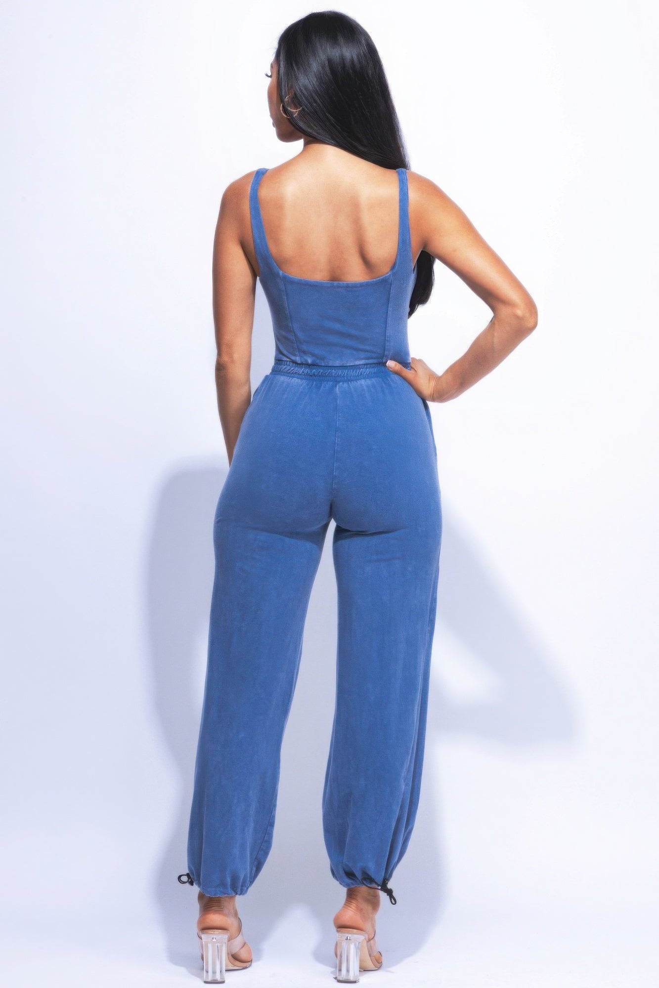 - Washed Denim Jumpsuit With Adjustable Ankle - womens denim jumpsuit at TFC&H Co.