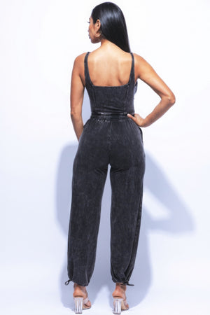 - Washed Denim Jumpsuit With Adjustable Ankle - womens denim jumpsuit at TFC&H Co.