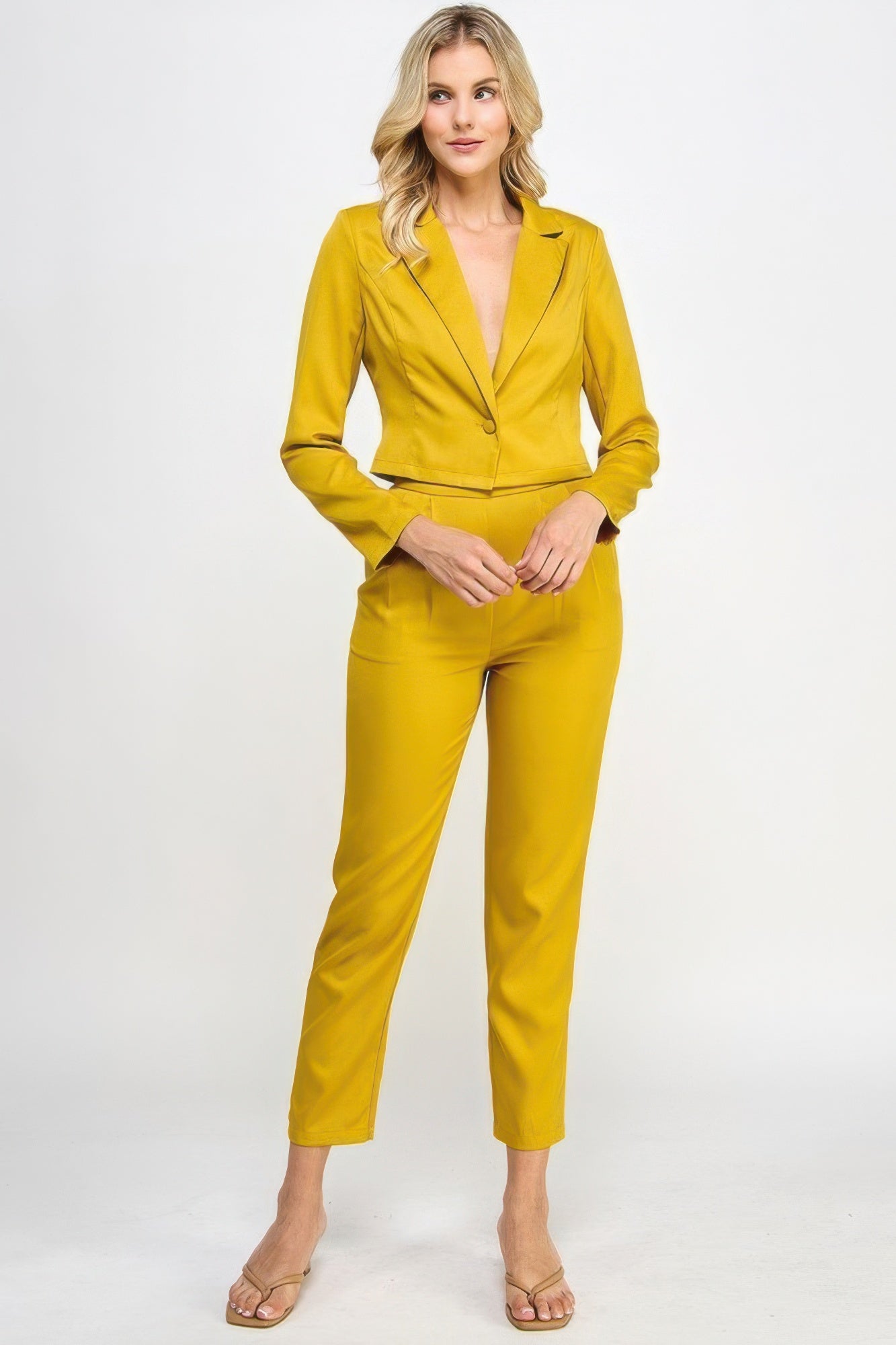 Citron - Single Button Crop Blazer With Tailored Pants Set - womens pants set at TFC&H Co.