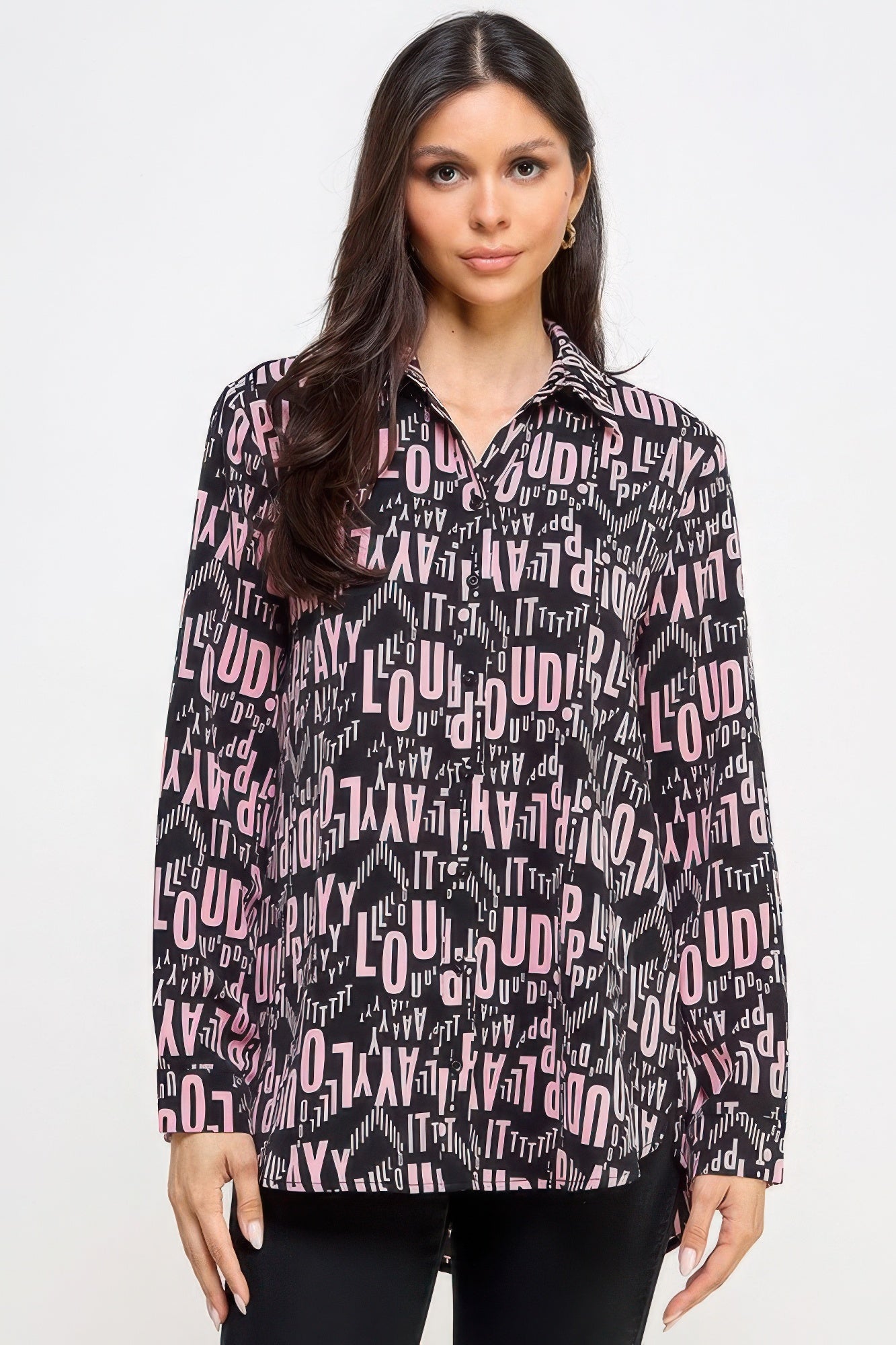 Pink Black - Printed Satin Long Sleeve Tunic Top - womens button up shirt at TFC&H Co.