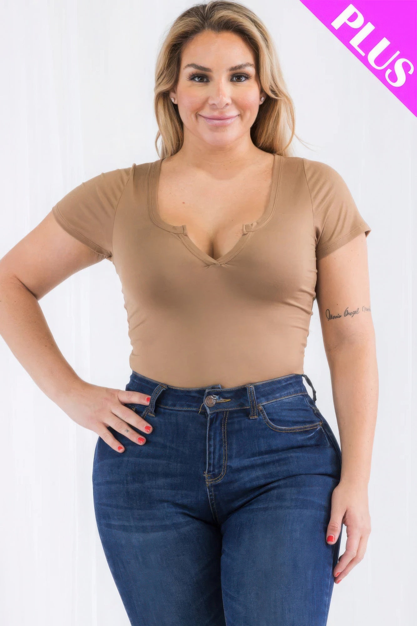 - Plus Size Casual Split Neck Solid Short Sleeve Bodysuit - womens bodysuit at TFC&H Co.