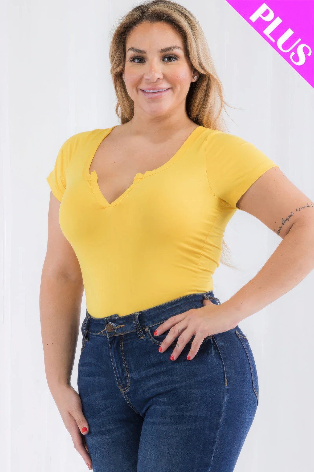 Daffodil - Plus Size Casual Split Neck Solid Short Sleeve Bodysuit - womens bodysuit at TFC&H Co.