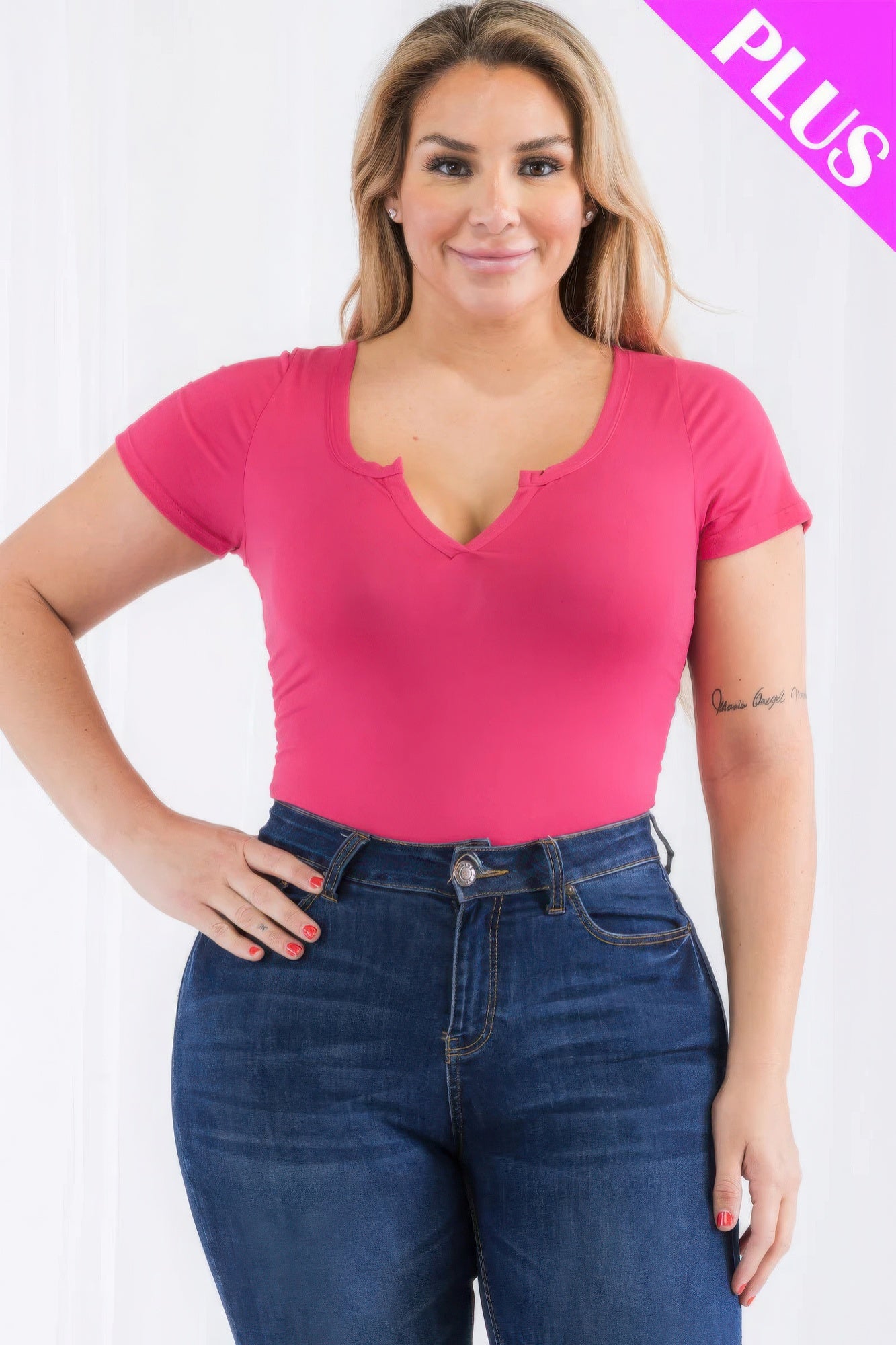 - Plus Size Casual Split Neck Solid Short Sleeve Bodysuit - womens bodysuit at TFC&H Co.