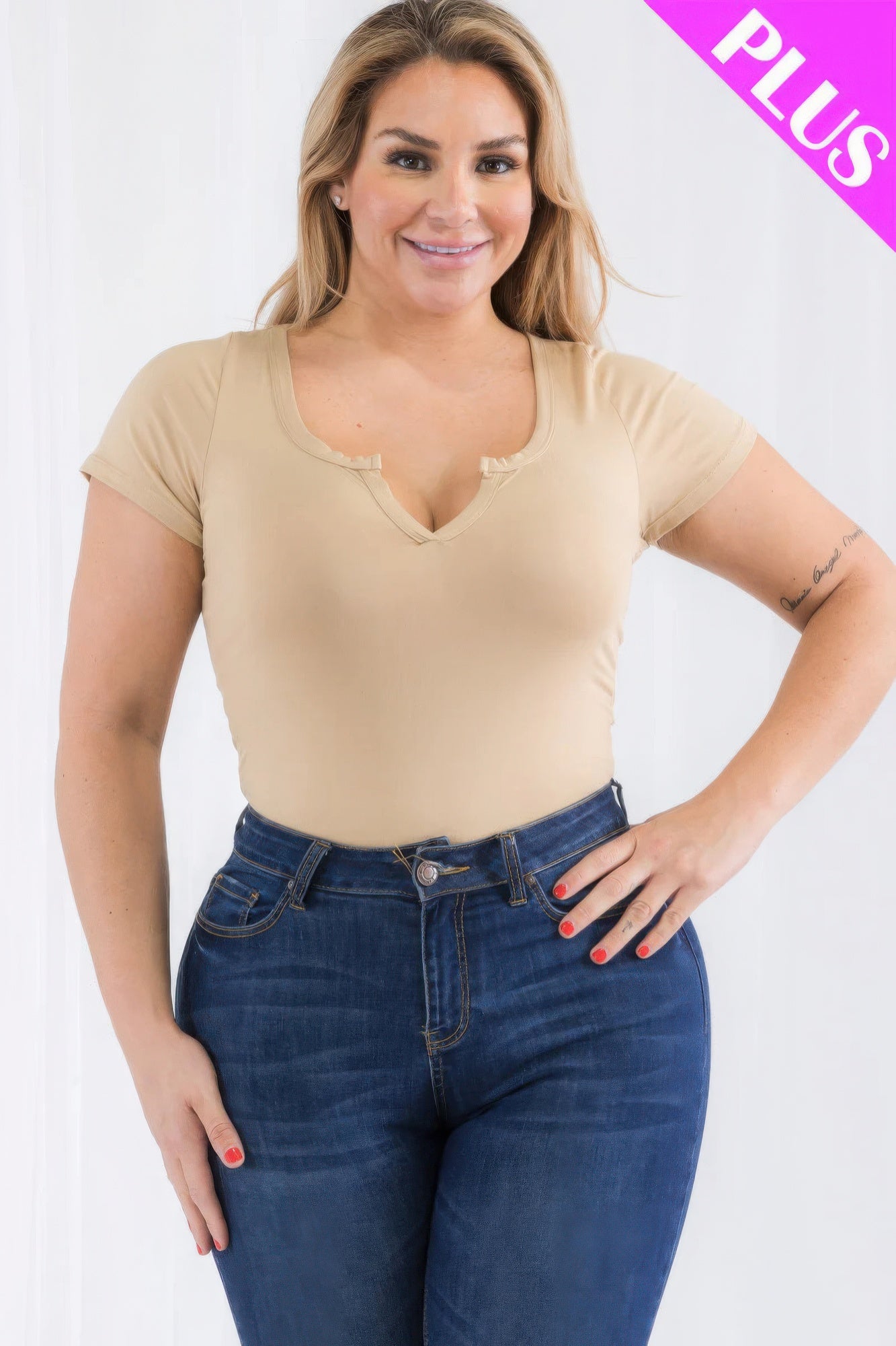 Khaki - Plus Size Casual Split Neck Solid Short Sleeve Bodysuit - womens bodysuit at TFC&H Co.