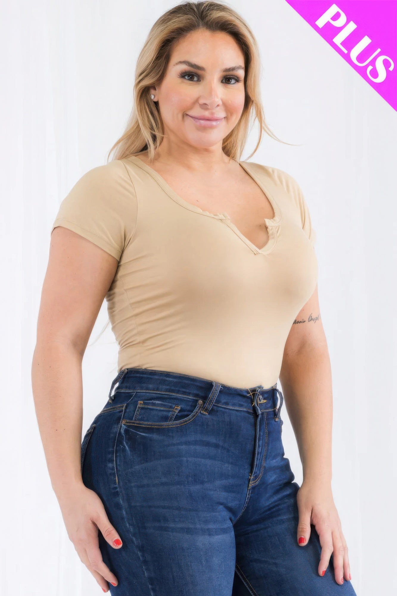 - Plus Size Casual Split Neck Solid Short Sleeve Bodysuit - womens bodysuit at TFC&H Co.