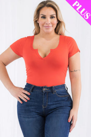 Poinciana - Plus Size Casual Split Neck Solid Short Sleeve Bodysuit - womens bodysuit at TFC&H Co.