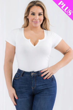 - Plus Size Casual Split Neck Solid Short Sleeve Bodysuit - womens bodysuit at TFC&H Co.