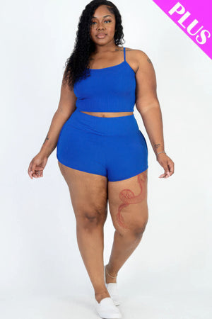 - Plus Size Ribbed Cami Crop Top & Ruched Shorts Set - womens short set at TFC&H Co.