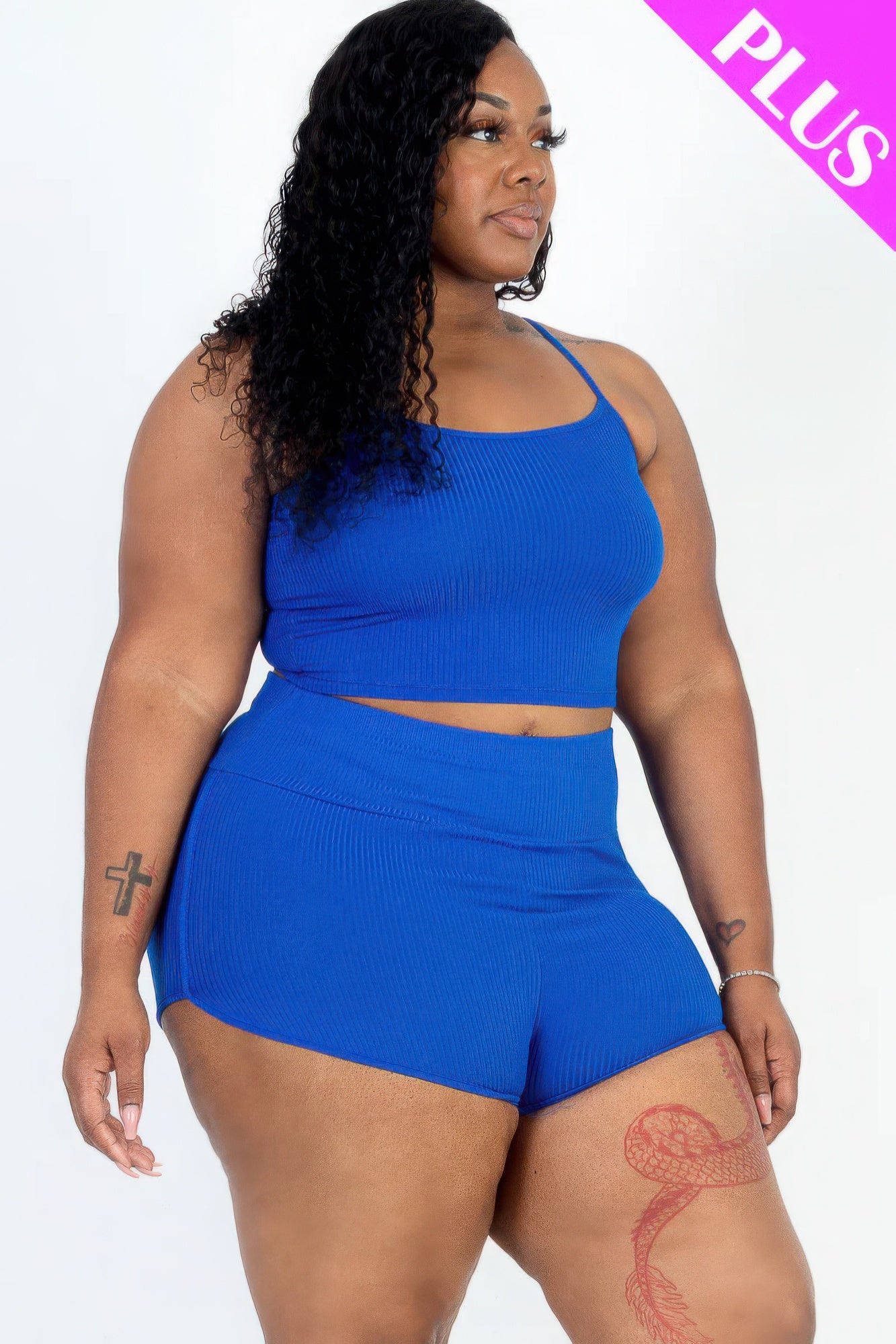 - Plus Size Ribbed Cami Crop Top & Ruched Shorts Set - womens short set at TFC&H Co.