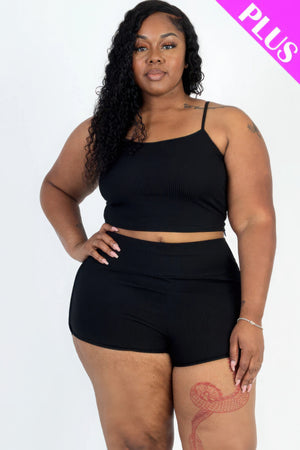 - Plus Size Ribbed Cami Crop Top & Ruched Shorts Set - womens short set at TFC&H Co.