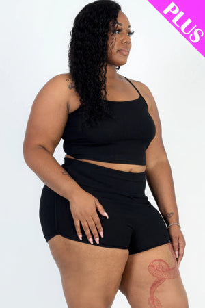 Black - Plus Size Ribbed Cami Crop Top & Ruched Shorts Set - womens short set at TFC&H Co.