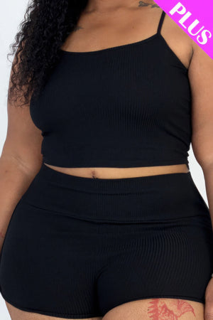 - Plus Size Ribbed Cami Crop Top & Ruched Shorts Set - womens short set at TFC&H Co.