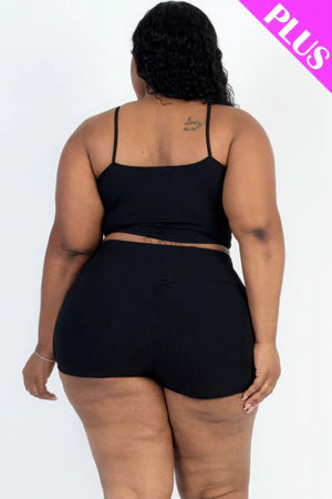 - Plus Size Ribbed Cami Crop Top & Ruched Shorts Set - womens short set at TFC&H Co.