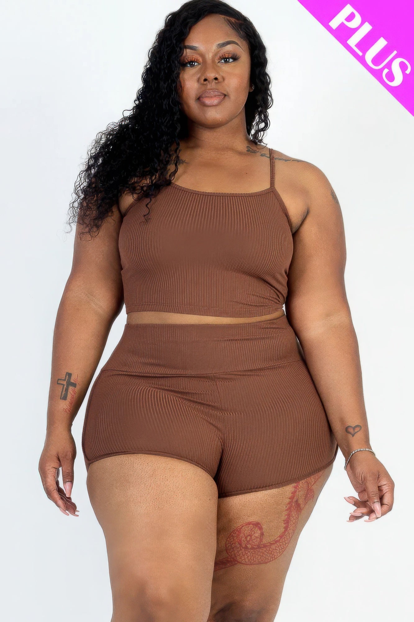 - Plus Size Ribbed Cami Crop Top & Ruched Shorts Set - womens short set at TFC&H Co.