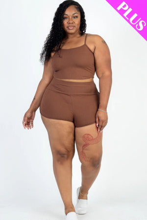 Downtown Brown - Plus Size Ribbed Cami Crop Top & Ruched Shorts Set - womens short set at TFC&H Co.