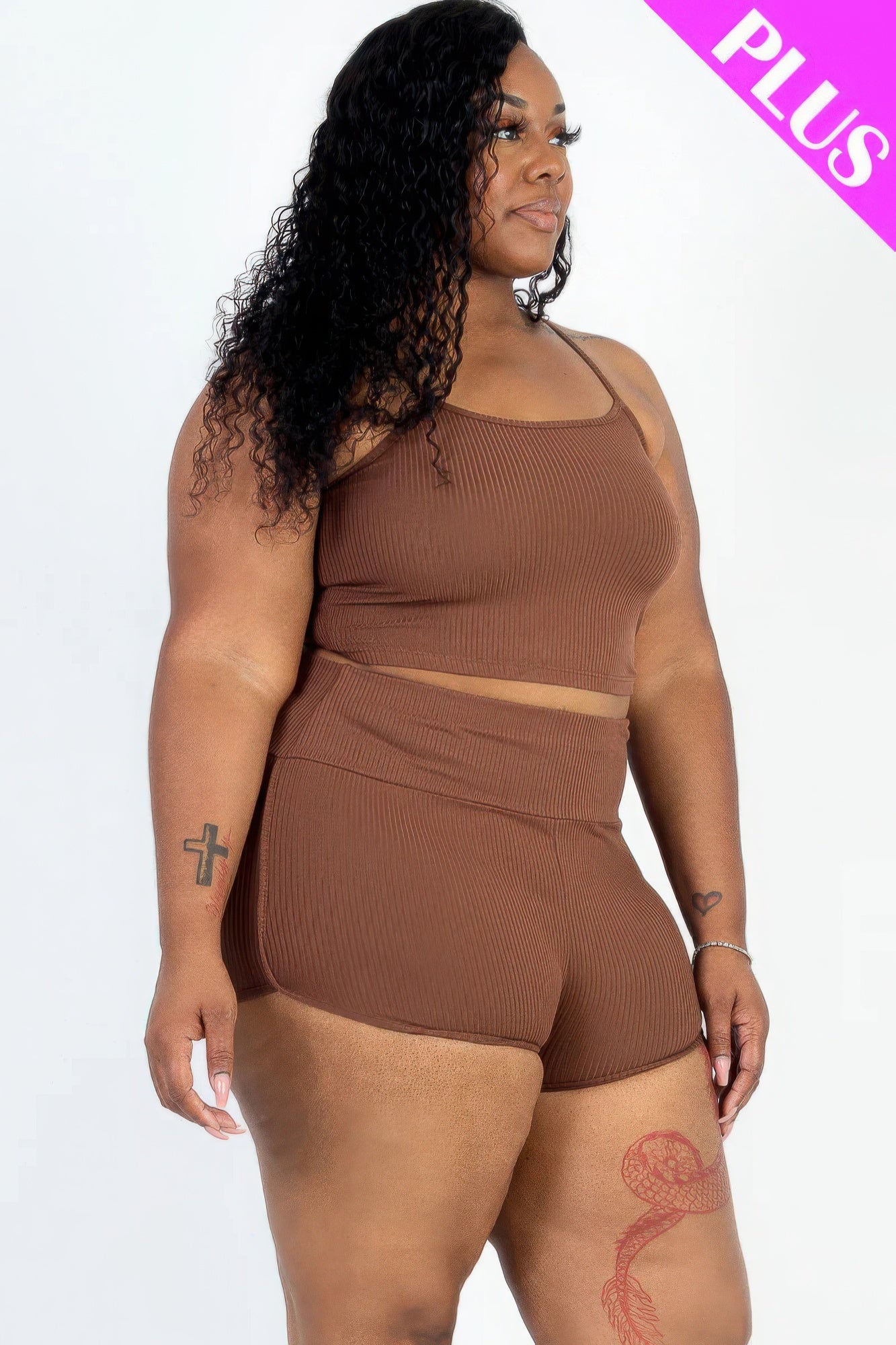 - Plus Size Ribbed Cami Crop Top & Ruched Shorts Set - womens short set at TFC&H Co.