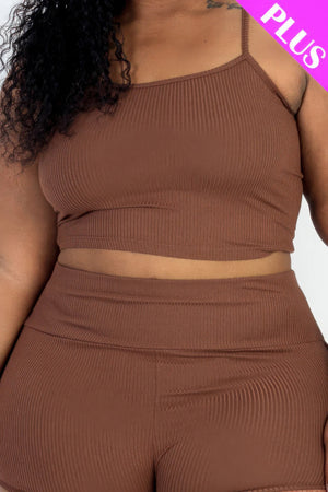 - Plus Size Ribbed Cami Crop Top & Ruched Shorts Set - womens short set at TFC&H Co.