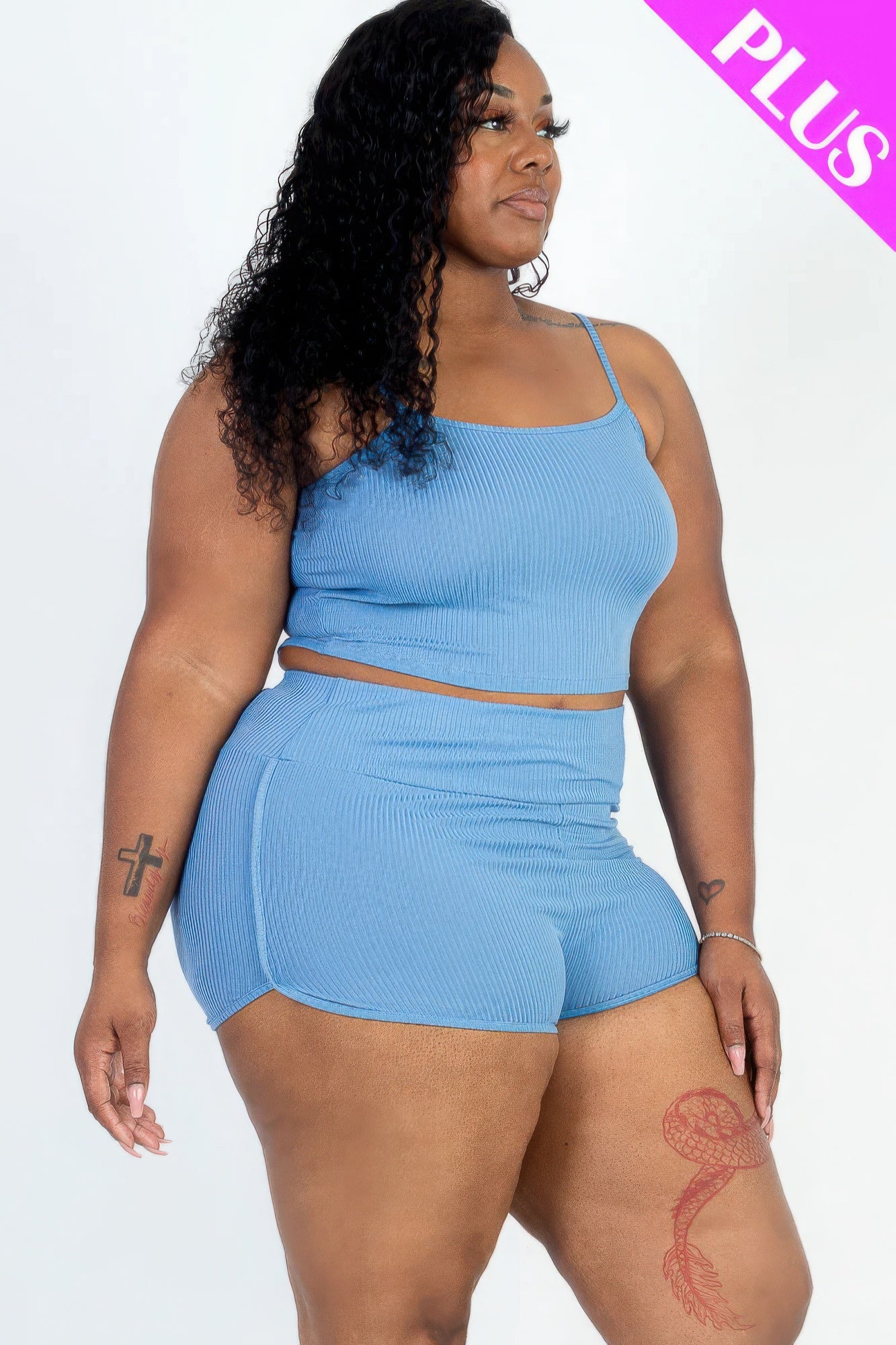 - Plus Size Ribbed Cami Crop Top & Ruched Shorts Set - womens short set at TFC&H Co.