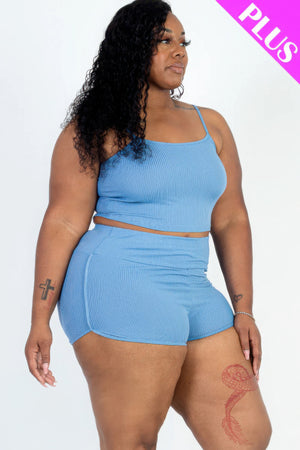 - Plus Size Ribbed Cami Crop Top & Ruched Shorts Set - womens short set at TFC&H Co.