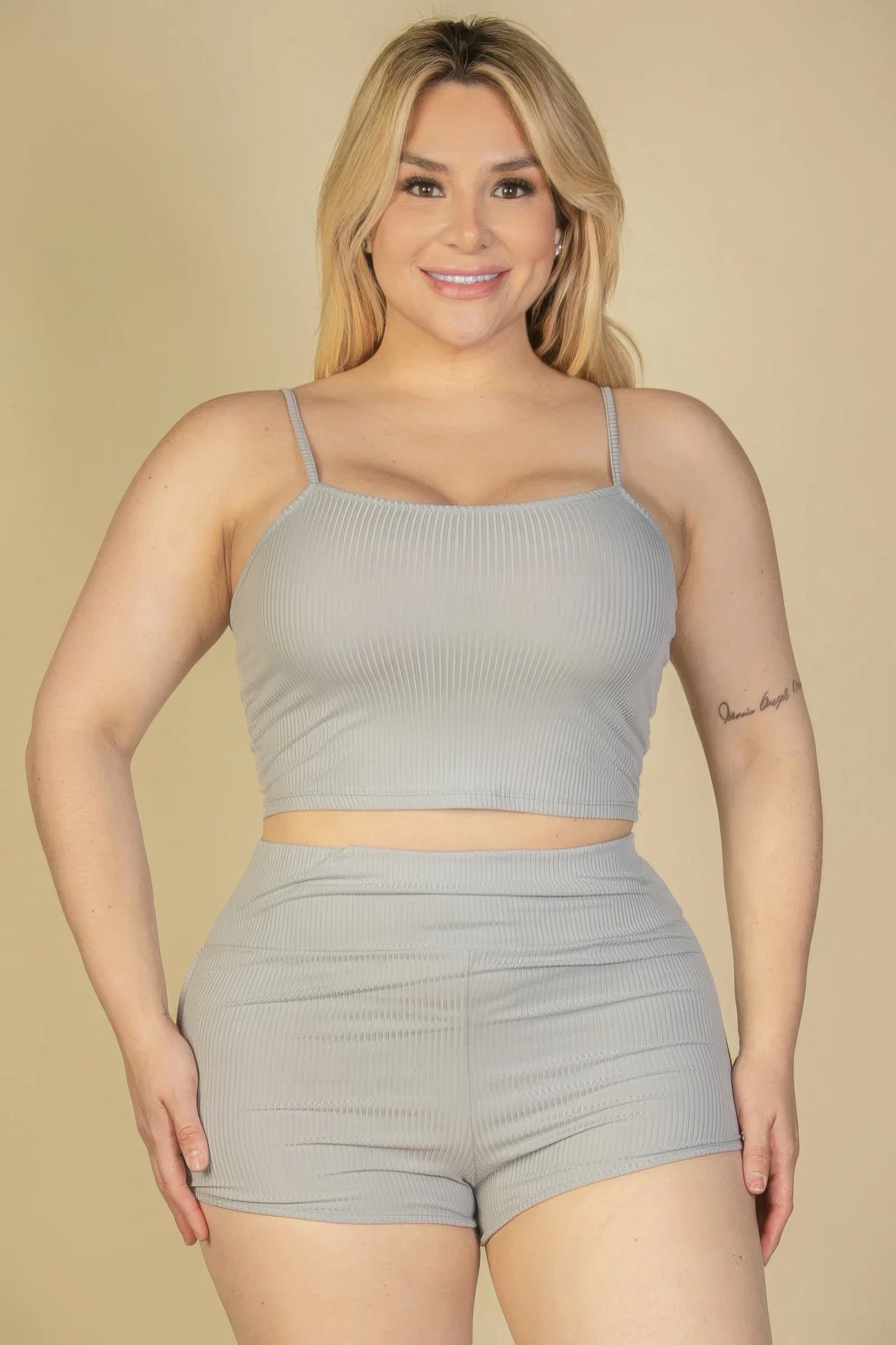 - Plus Size Ribbed Cami Crop Top & Ruched Shorts Set - womens short set at TFC&H Co.