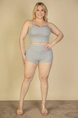 Grey - Plus Size Ribbed Cami Crop Top & Ruched Shorts Set - womens short set at TFC&H Co.