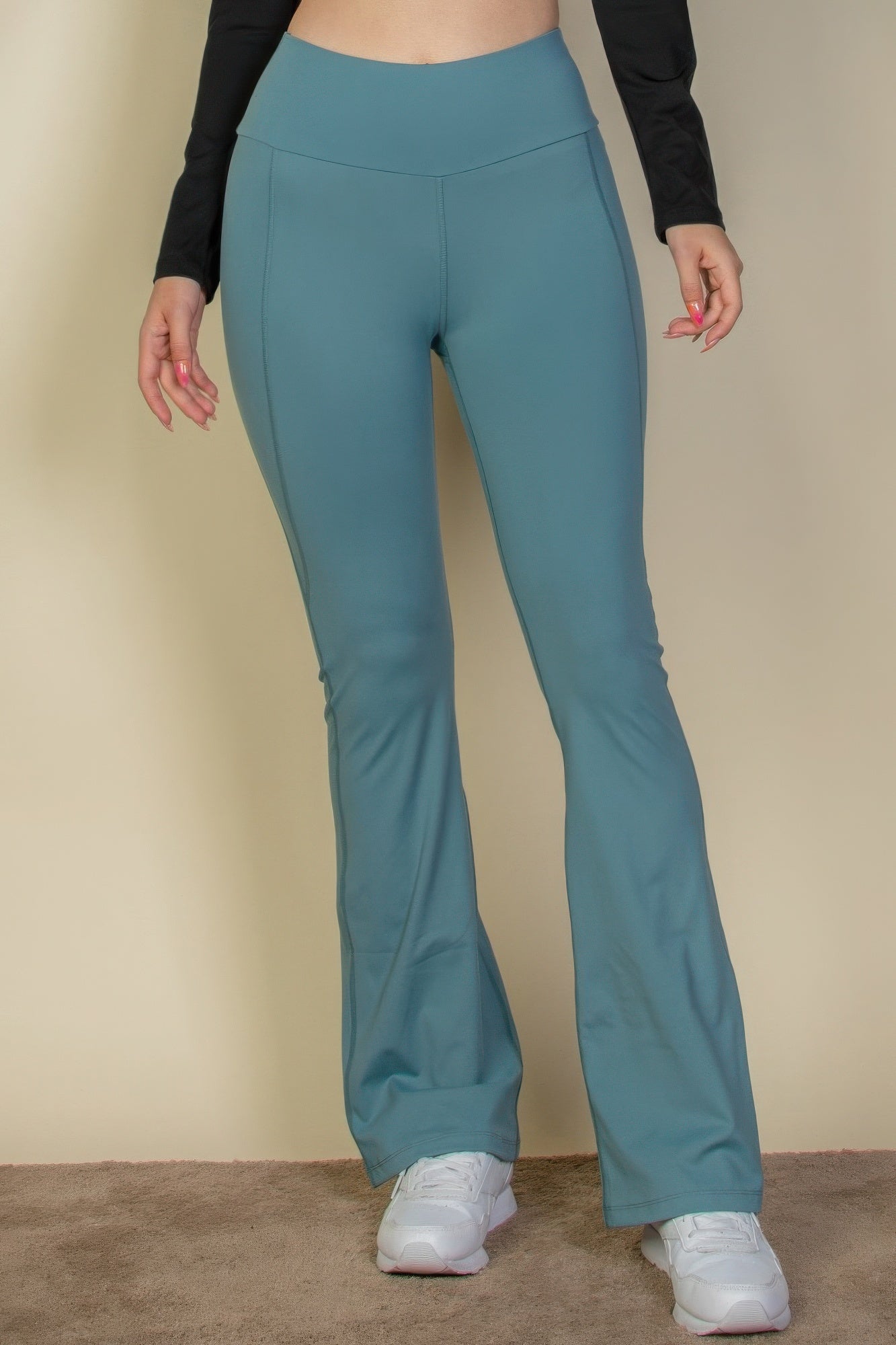 Slate Green - Wide waistband flare leg pants - womens pants at TFC&H Co.