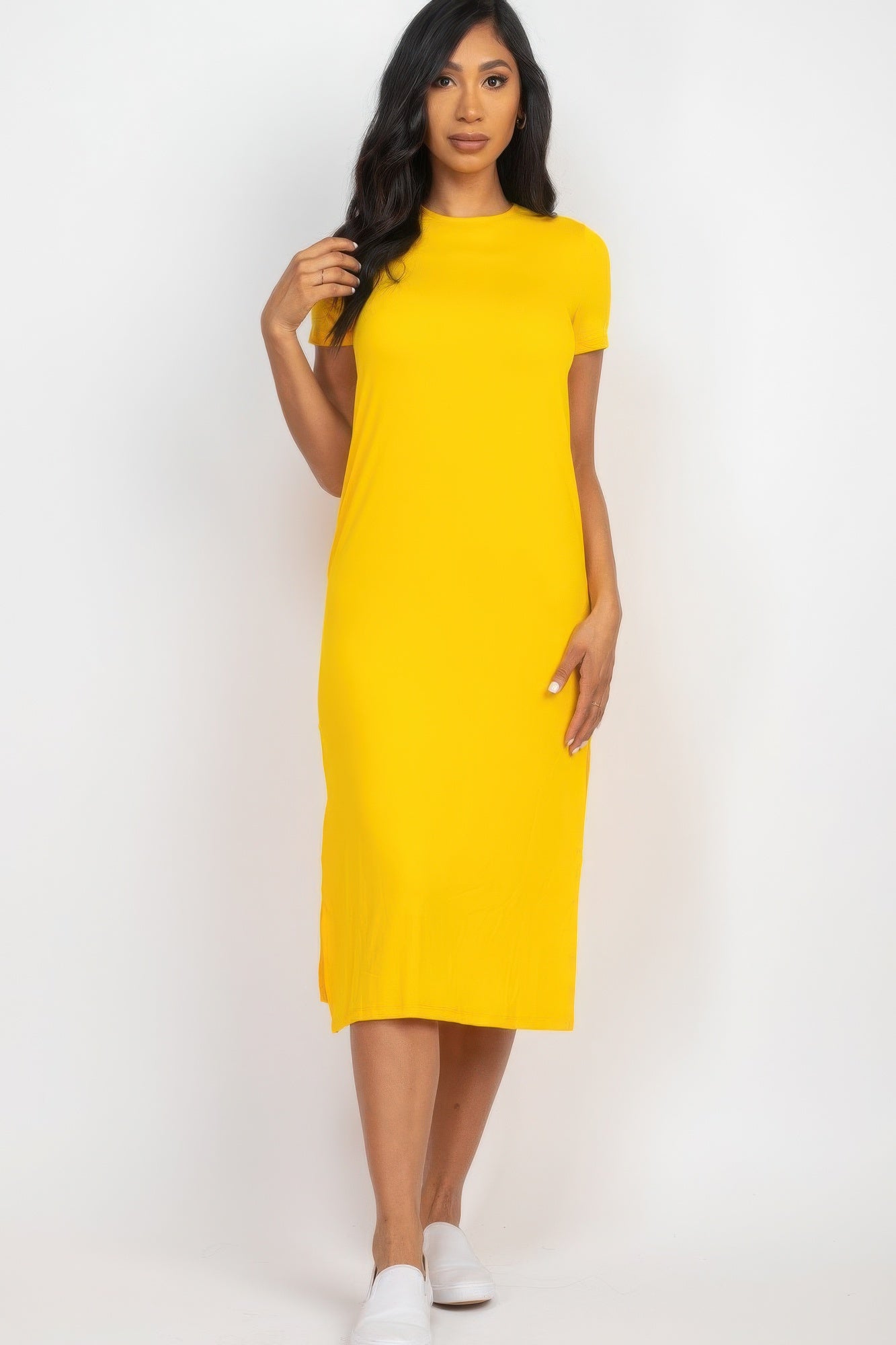 Daylily Yellow - Side slit comfy midi dress - womens dress at TFC&H Co.