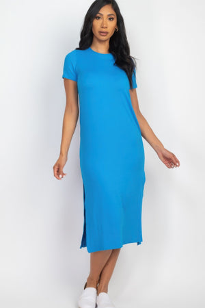 Ibiza Blue - Side slit comfy midi dress - womens dress at TFC&H Co.