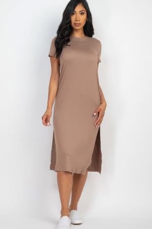 Taupe Grey - Side slit comfy midi dress - womens dress at TFC&H Co.