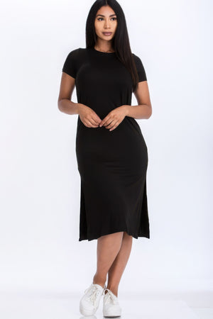 Black - Side slit comfy midi dress - womens dress at TFC&H Co.