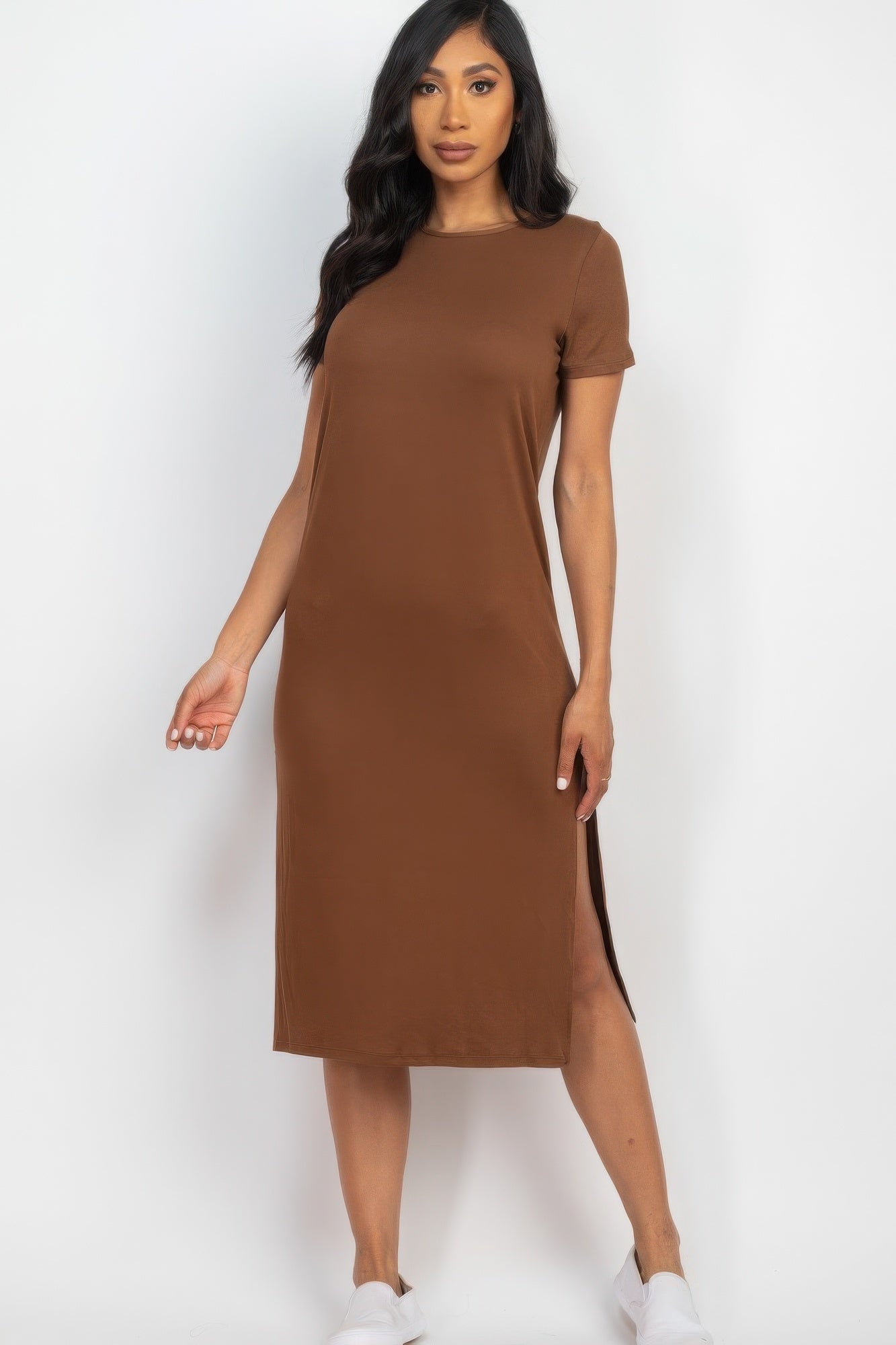 Downtown Brown - Side slit comfy midi dress - womens dress at TFC&H Co.