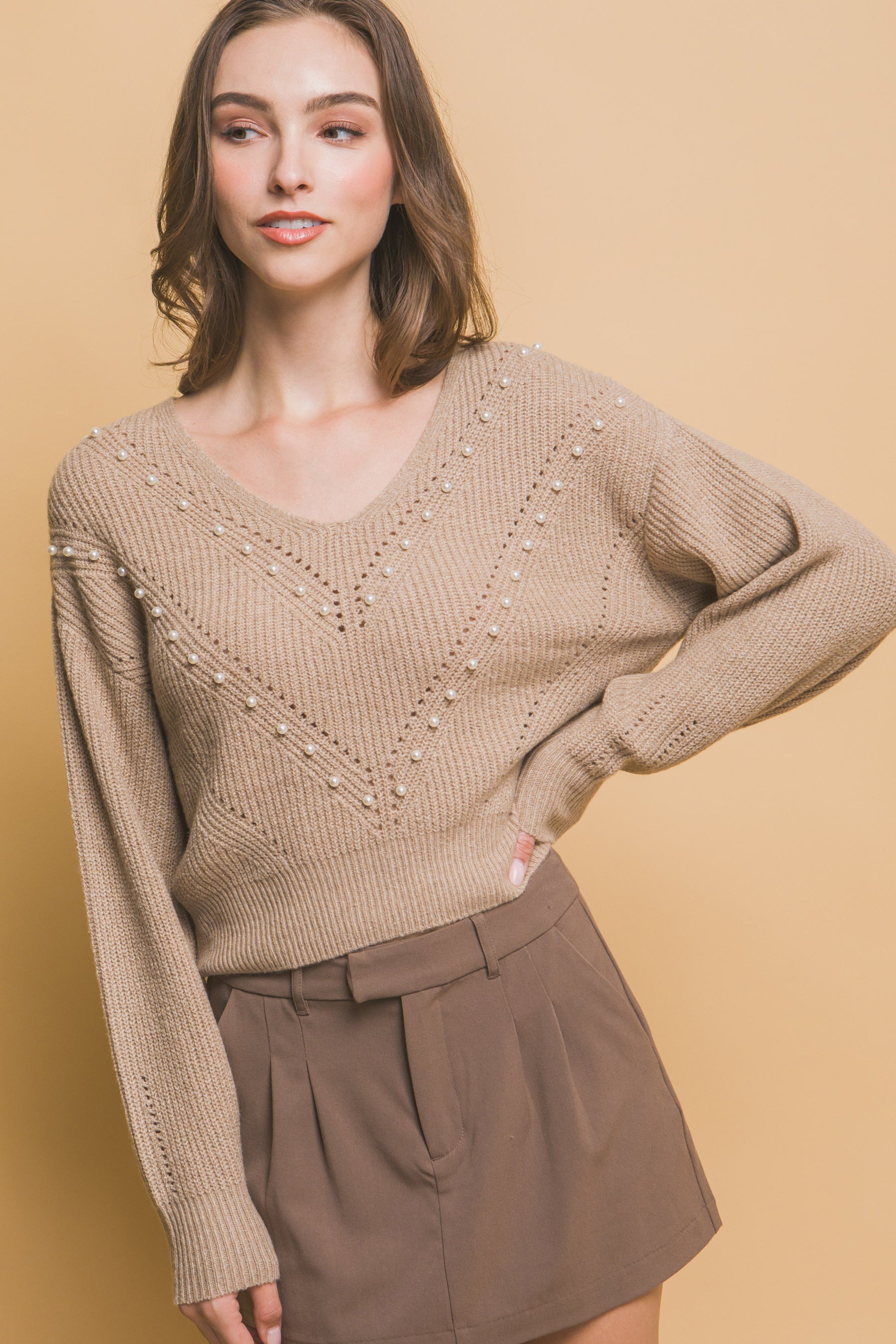 Khaki - Pearl details sweater - womens sweater at TFC&H Co.