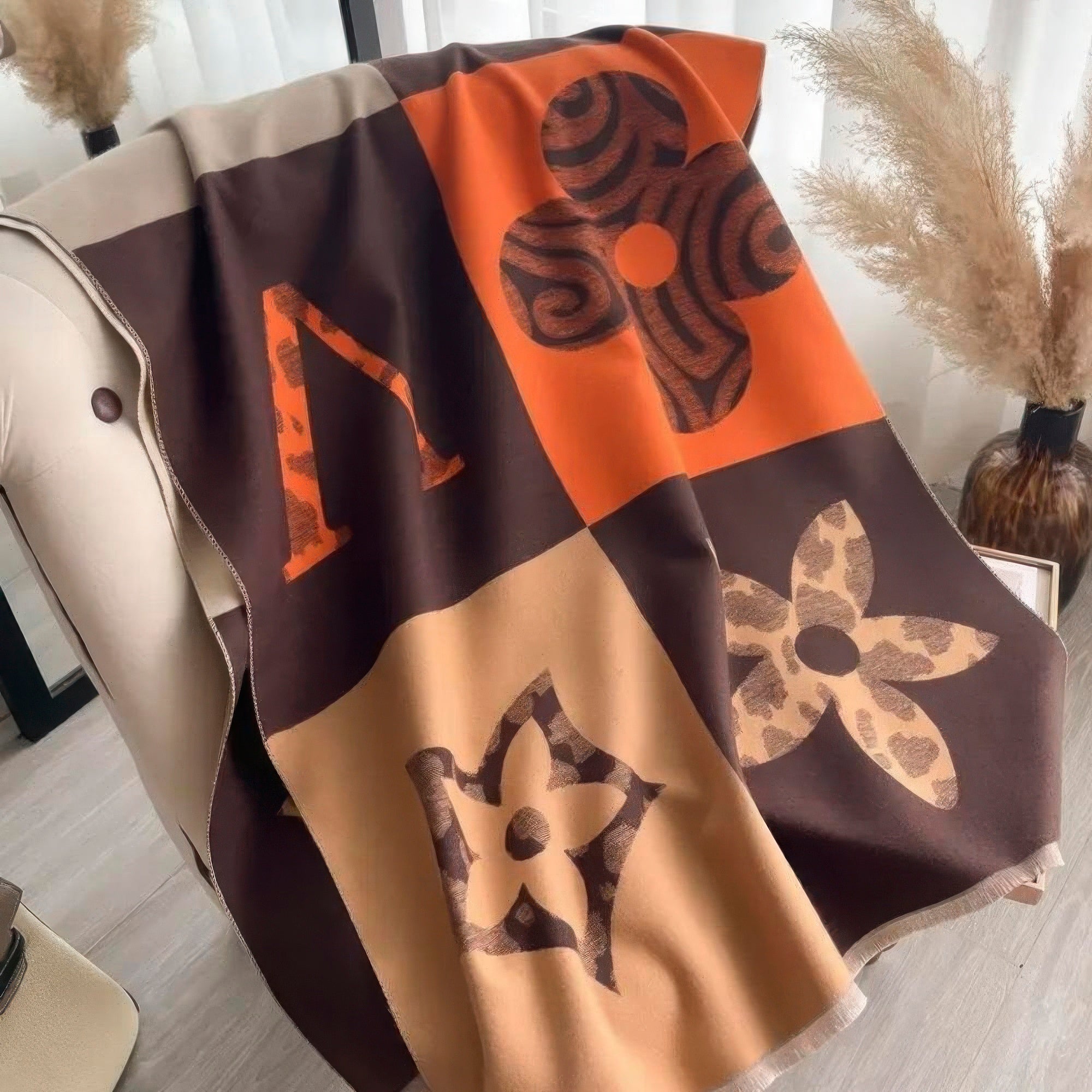 Brown - Flower pattern blanket shawl - scarf at TFC&H Co.