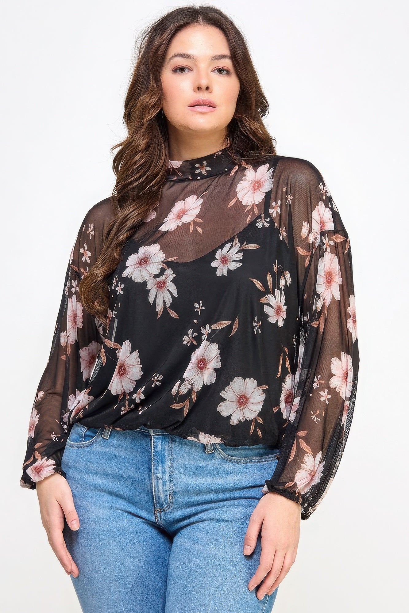 - Mesh Floral Long Sleeve Top W/ Cami - womens blouse at TFC&H Co.