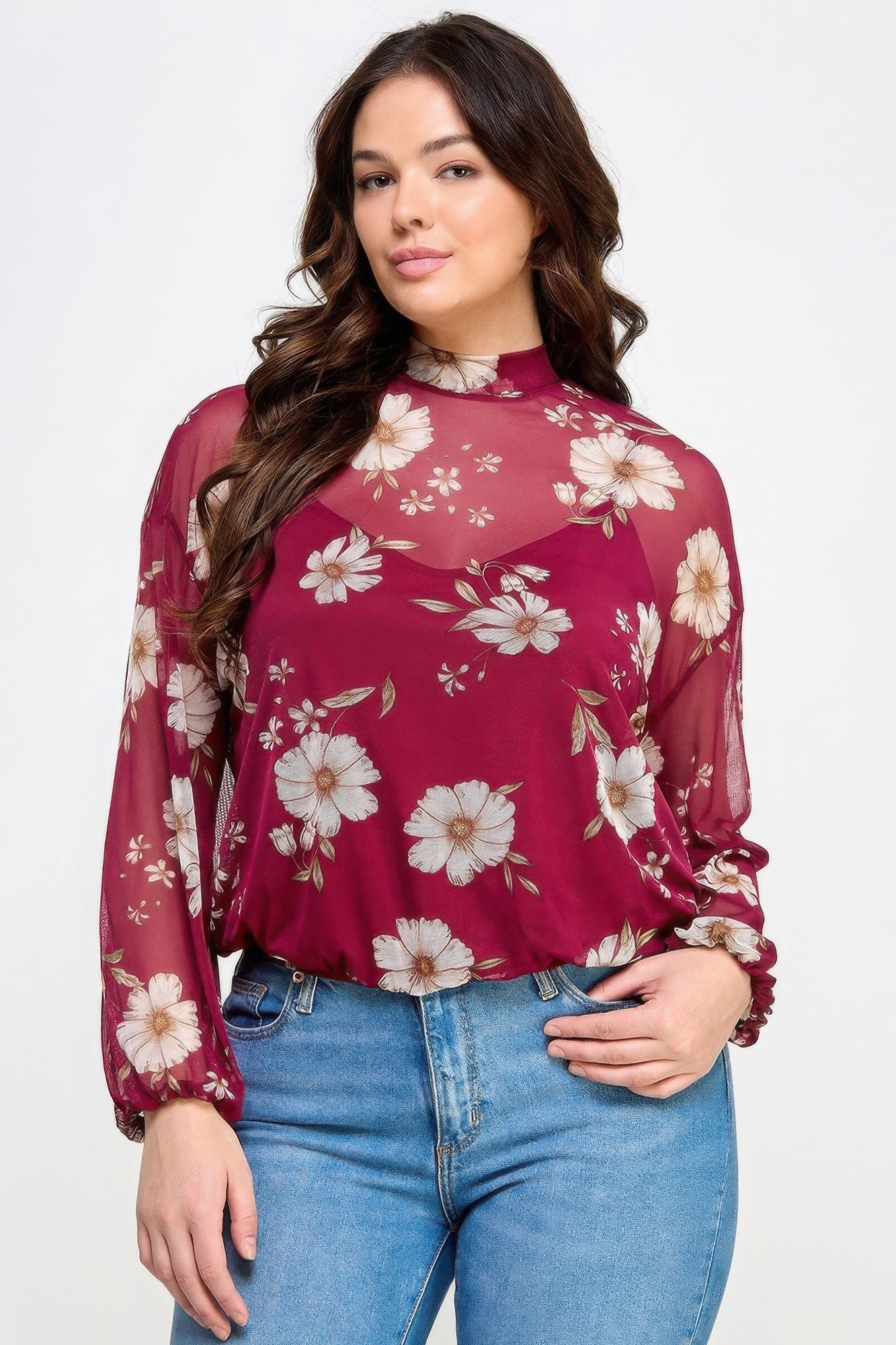 - Mesh Floral Long Sleeve Top W/ Cami - womens blouse at TFC&H Co.