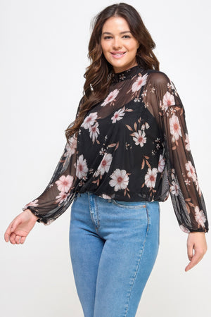 - Mesh Floral Long Sleeve Top W/ Cami - womens blouse at TFC&H Co.