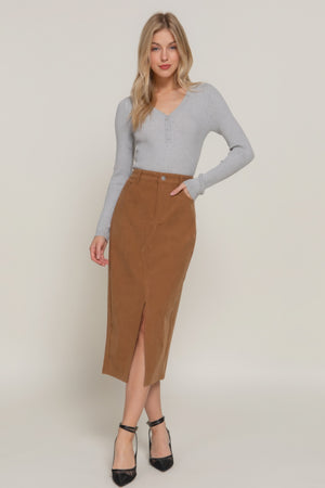 Camel - Front Open Slit Corduroy Midi Skirt - womens skirt at TFC&H Co.