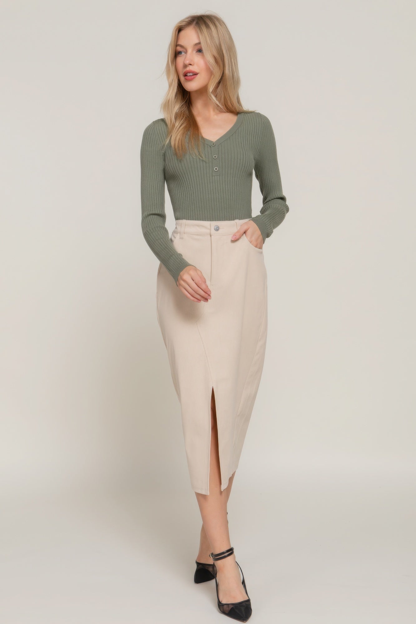 Cream - Front Open Slit Corduroy Midi Skirt - womens skirt at TFC&H Co.