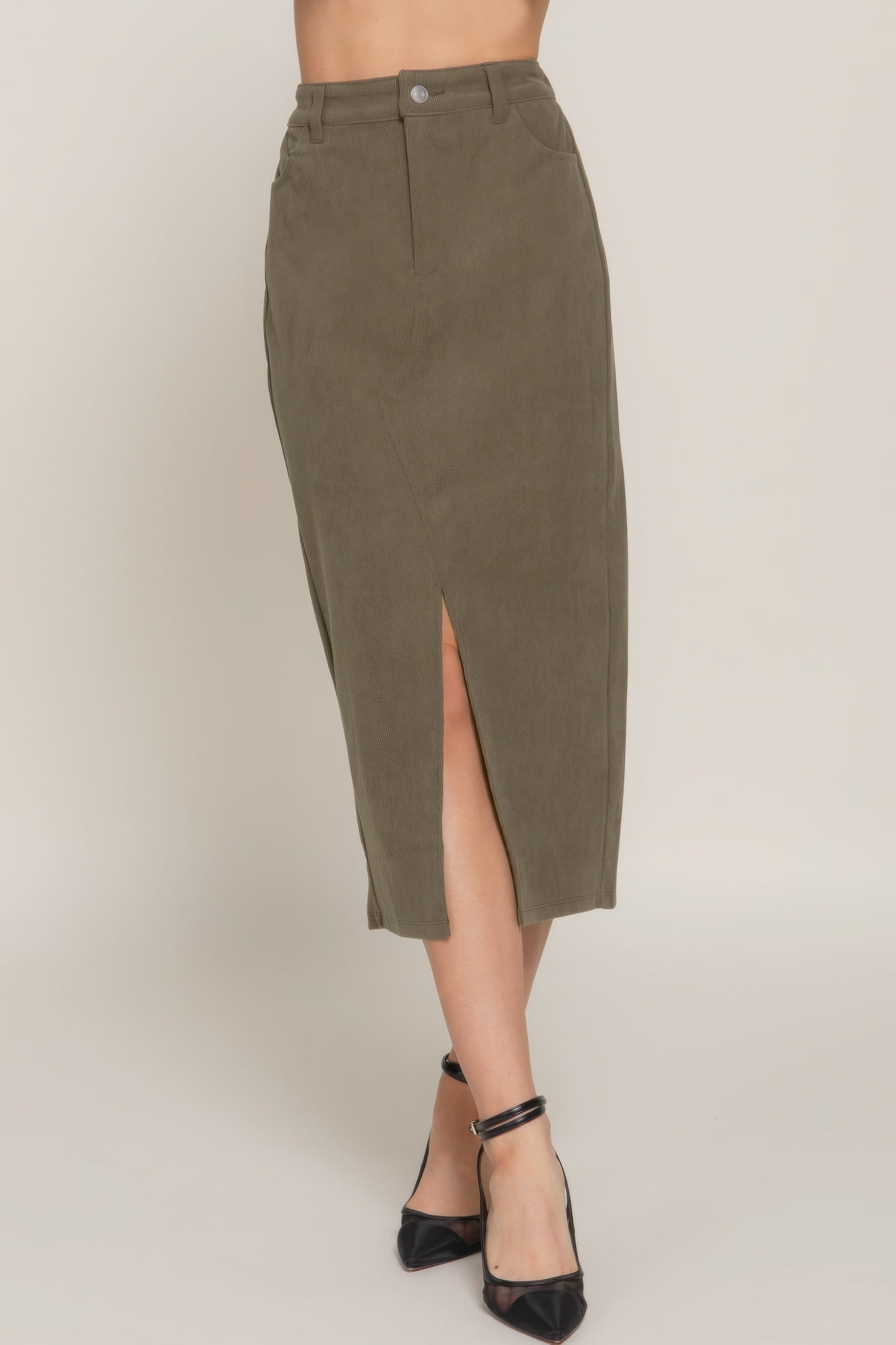 Olive Oil - Front Open Slit Corduroy Midi Skirt - womens skirt at TFC&H Co.