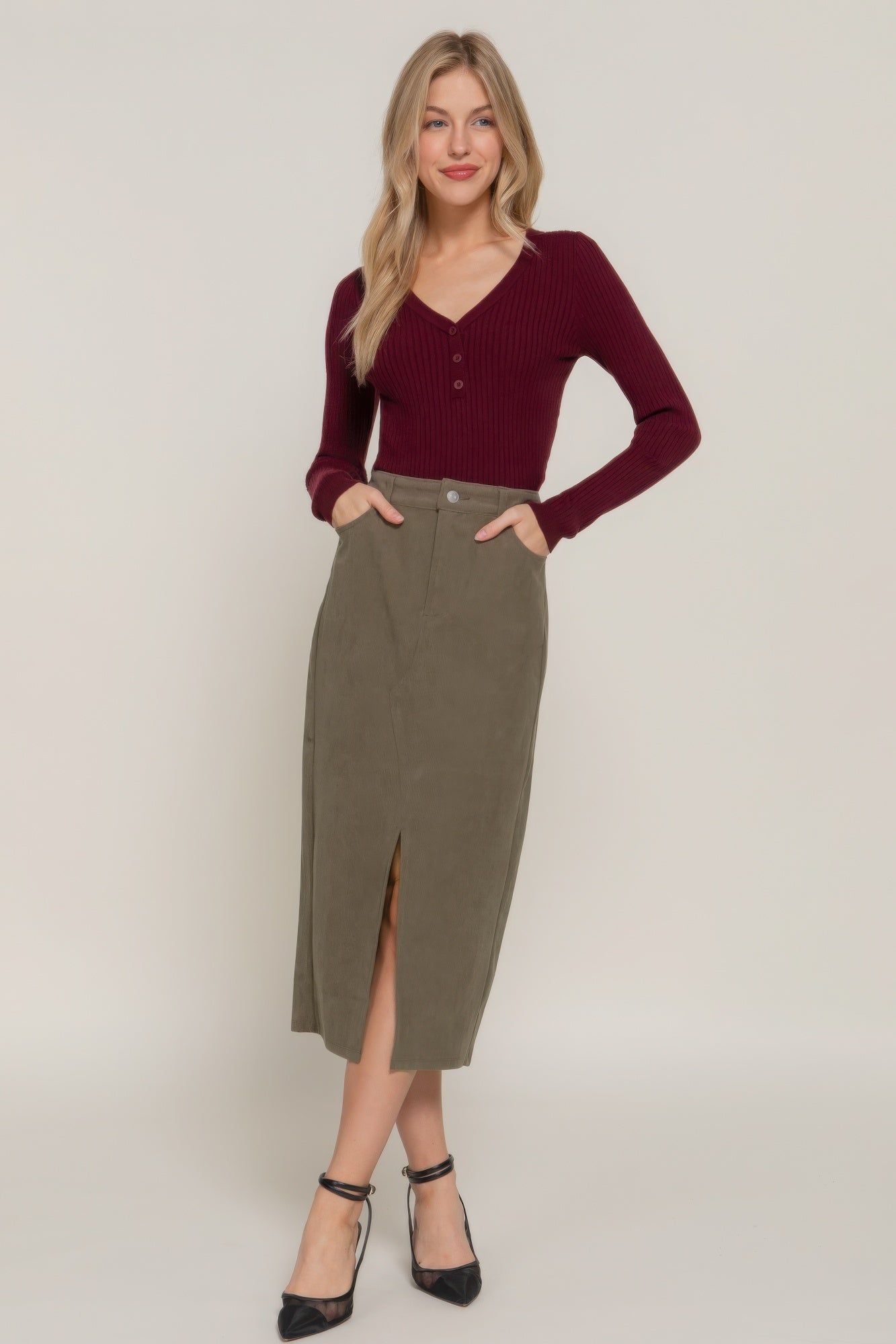 - Front Open Slit Corduroy Midi Skirt - womens skirt at TFC&H Co.