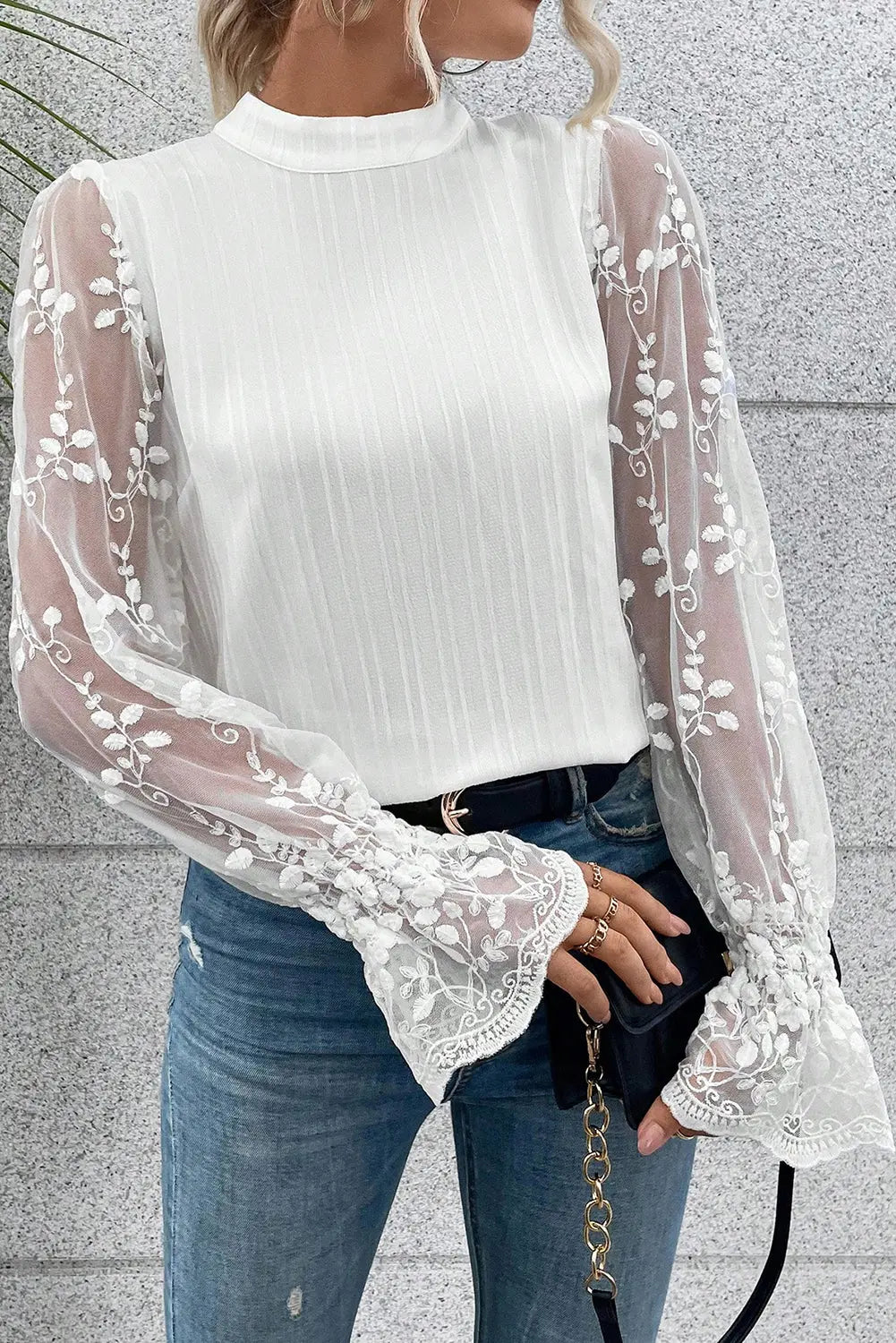 White 95%Polyester+5%Elastane Contrast Lace Sleeve Mock Neck Textured Blouse - women's blouse at TFC&H Co.