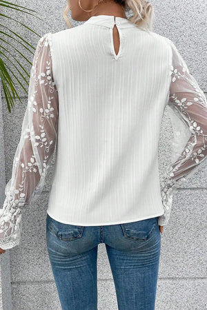 Contrast Lace Sleeve Mock Neck Textured Blouse - women's blouse at TFC&H Co.